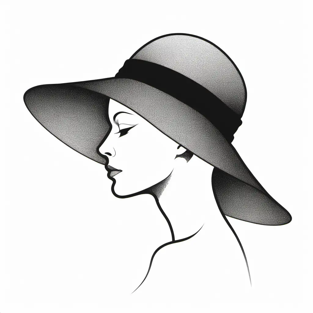 силуэт женской головы в большой шляпе , без волос и лица, черно белая картинка нарисованная одной линией вид с боку