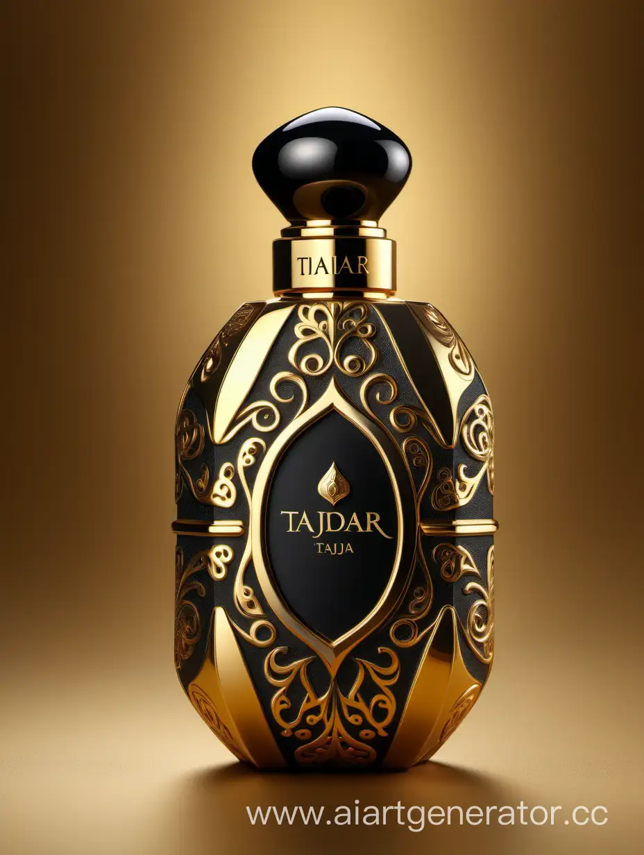 Box package design of perfume TAJDAR product, elegant, trending on artstation,   sharp focus,   studio photo,   intricate details,   highly detailed,   gold, Royal black and beige color on gold background