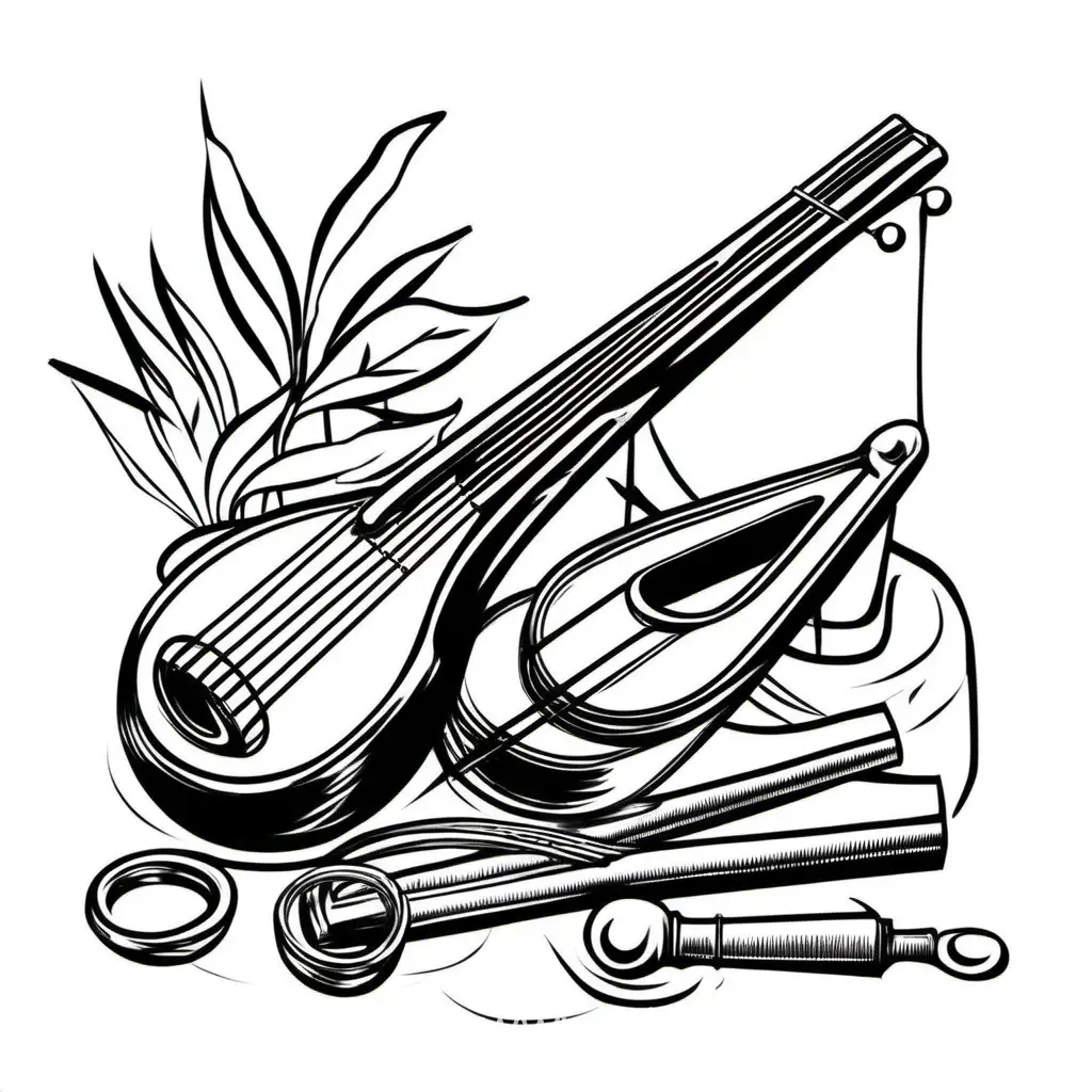 нарисуй изображение музыкального натюрморта, где изображен музыкальный инструмент варган (хомус), в стиле простой графики черно-белый