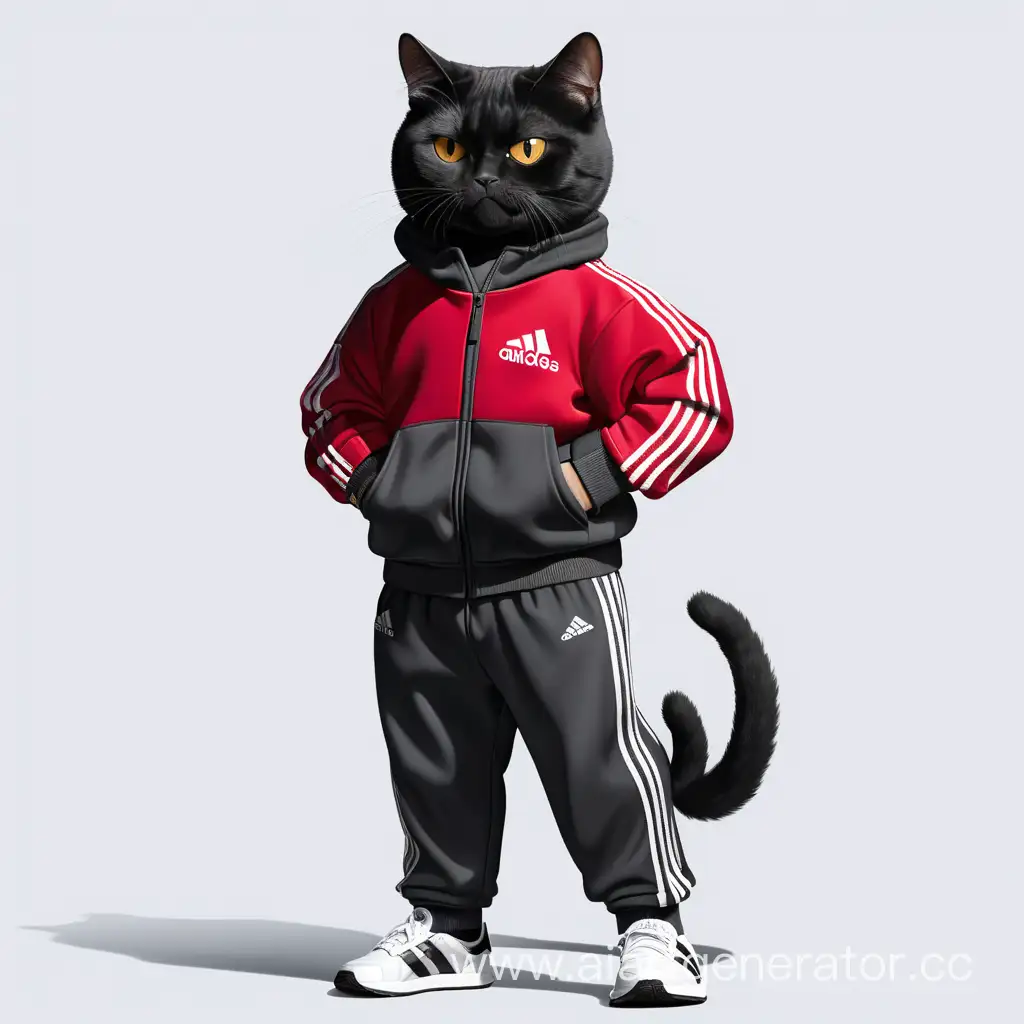 Чёрный кот стоит на двух задних лапах, кот одет в черно-красный костюм Адидас, морда кота дерзкая, ухмылка