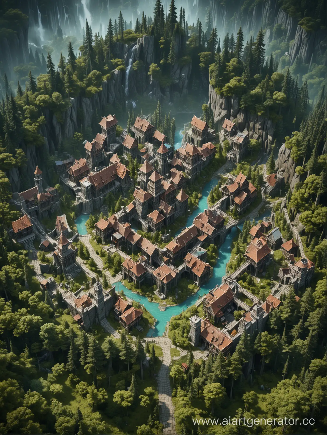 создай город сокрытый в лесу магией в мире днд с видом сверху