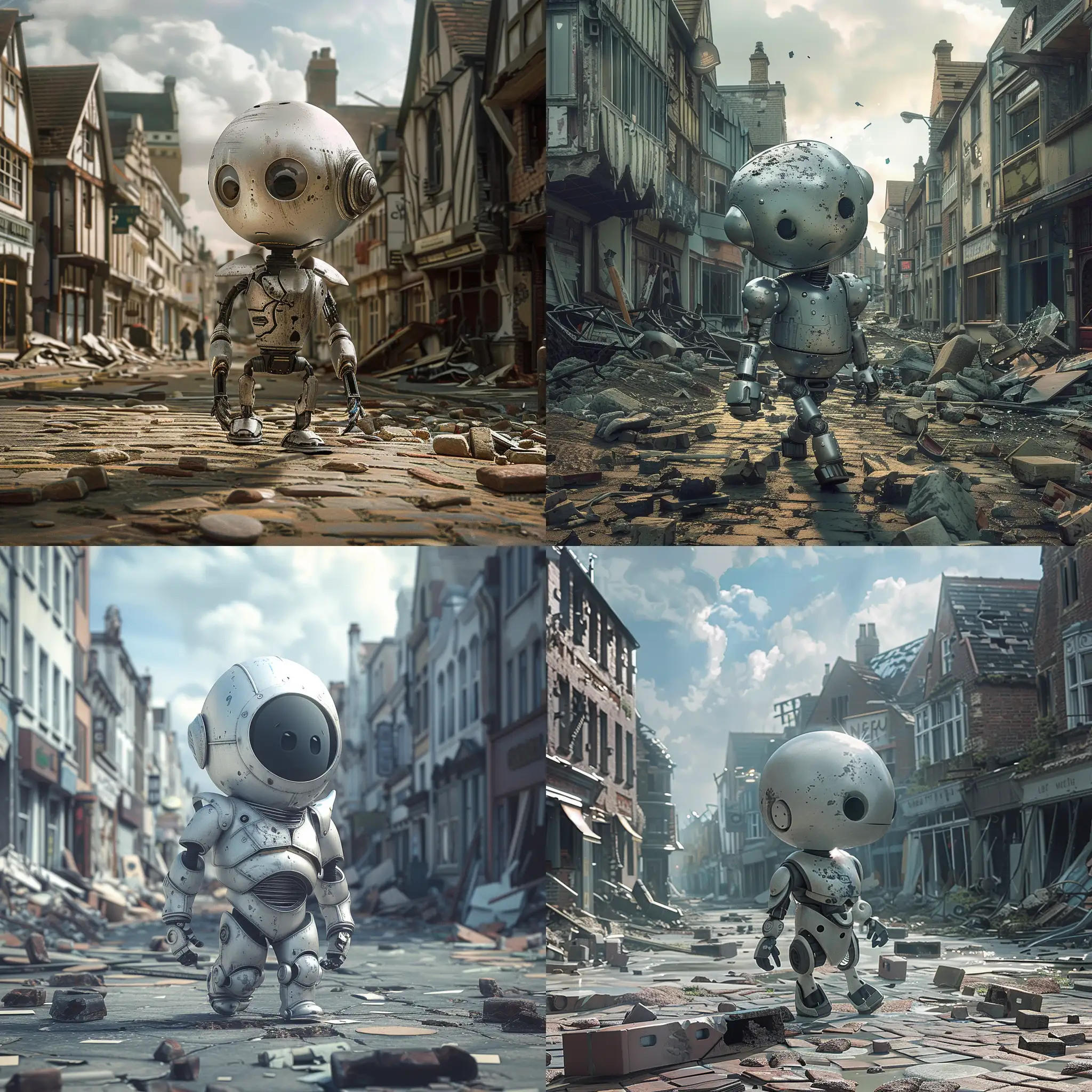A highly detailed striking image of a sad looking  small silver robot walking through futuristic apocalyptic Chelmsford high street  Essex. with ruined buildings. beautiful magical mysterious fantasy surreal highly detailed. Dystopian