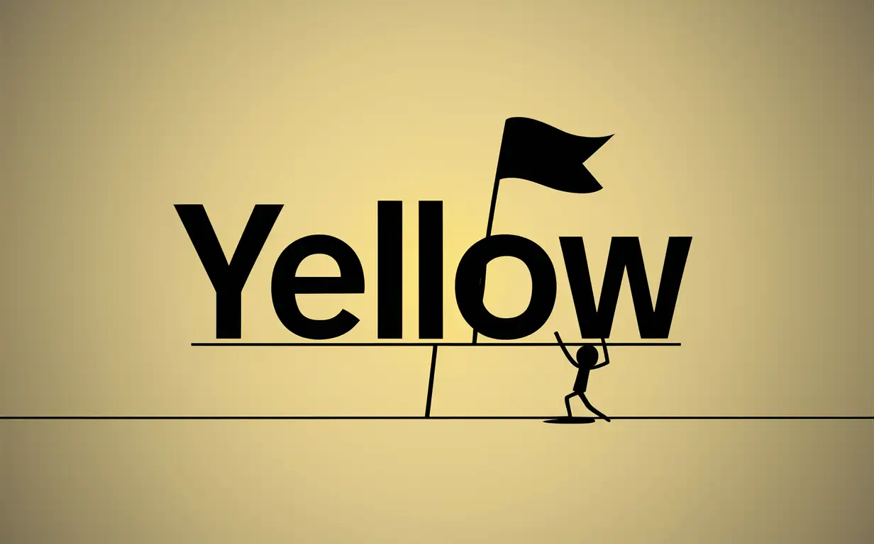 a plain yellow gradient color background with the word "YELLOW" in black color font, with a tiny figure of a black stickman holding up the word