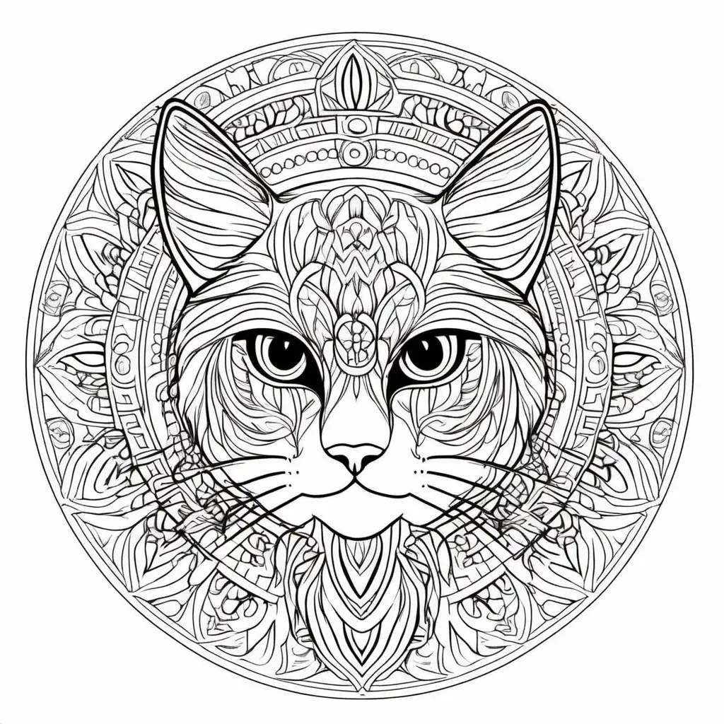 color book for adult, mandala, cat, clean lines, white background
