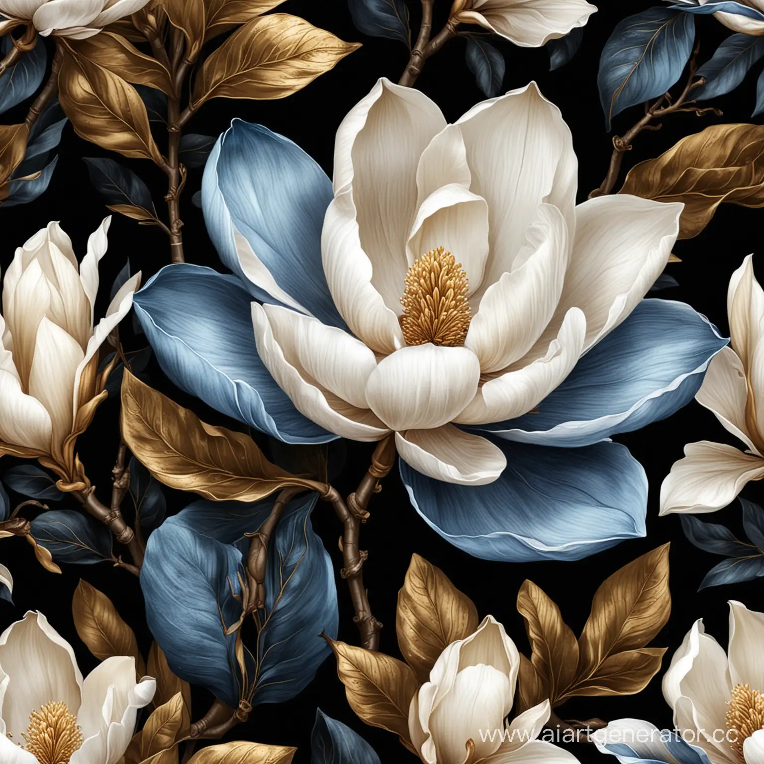 golden, blue and white Magnolia flower vector illustration on black background