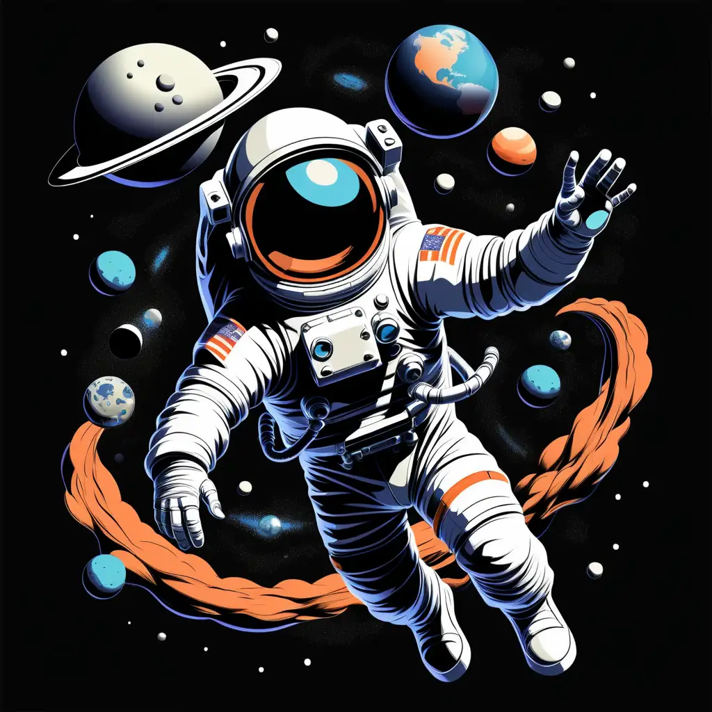 T-shirt design that is a picture of an astronaut floating in space, design to be placed on a black background
