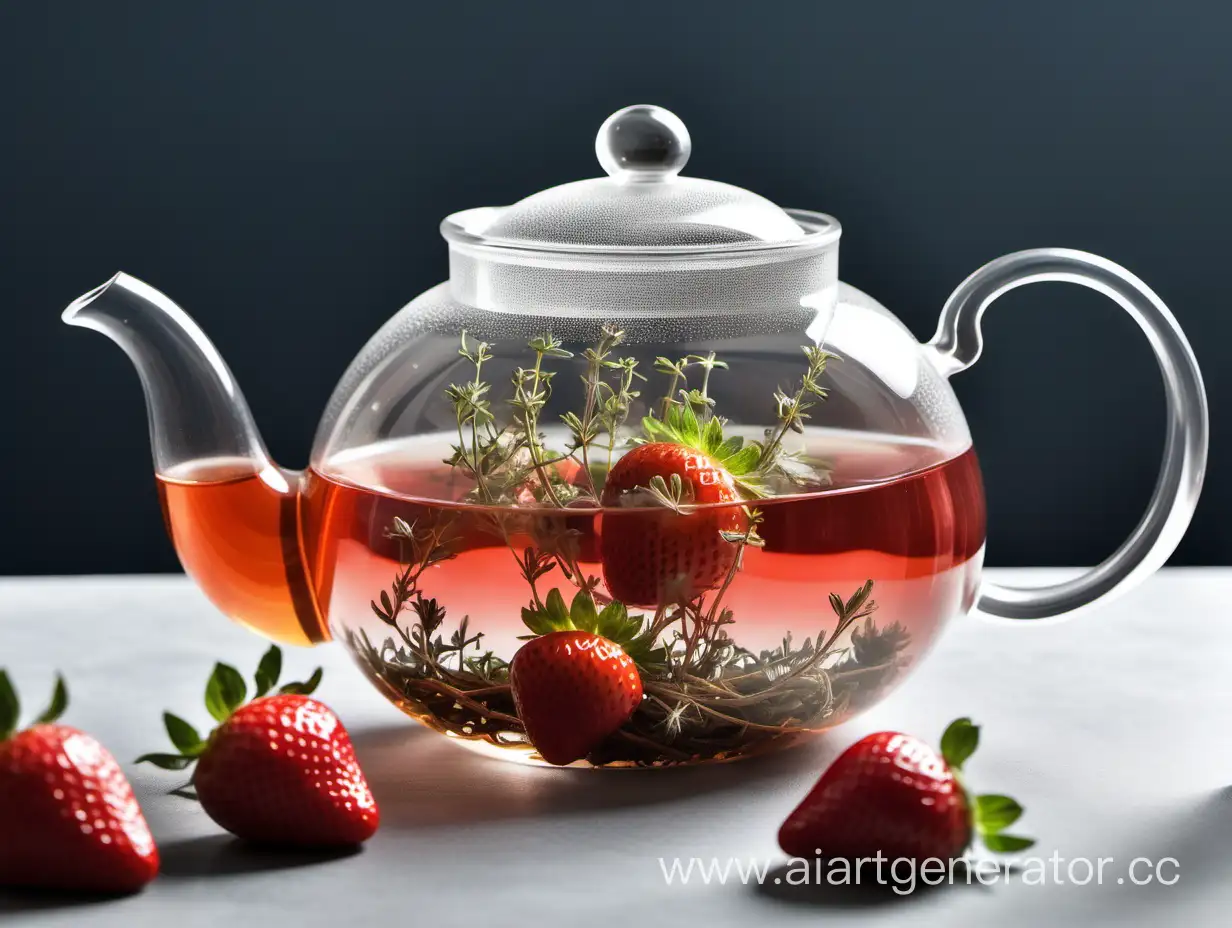transparent teapot with tea with added strawberry and thyme