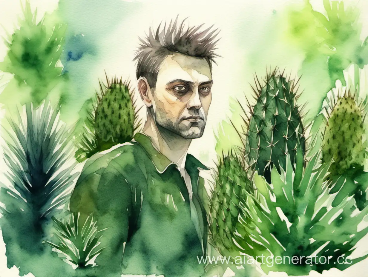 a man in the background of the forest. with a prickly look. represents envy. . He is facing the camera. The style is watercolor .