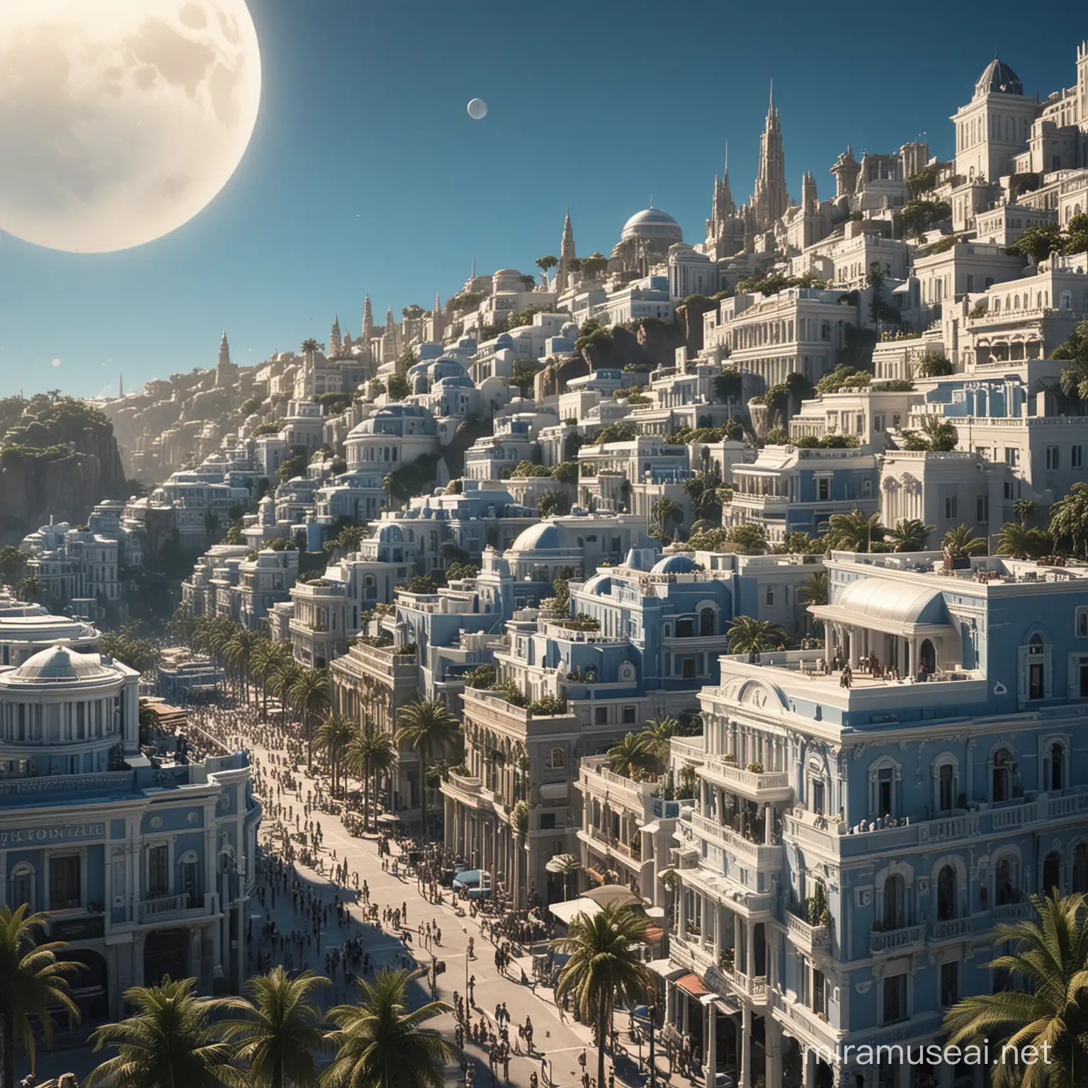 
longshot , sun lighting of a utopia Tomorrowland 2015 city. buildings are detailed of neoclassical style. moon is big. buildings are blue and white . crowded place. lots of palm trees . place is exotic. city looks realistic