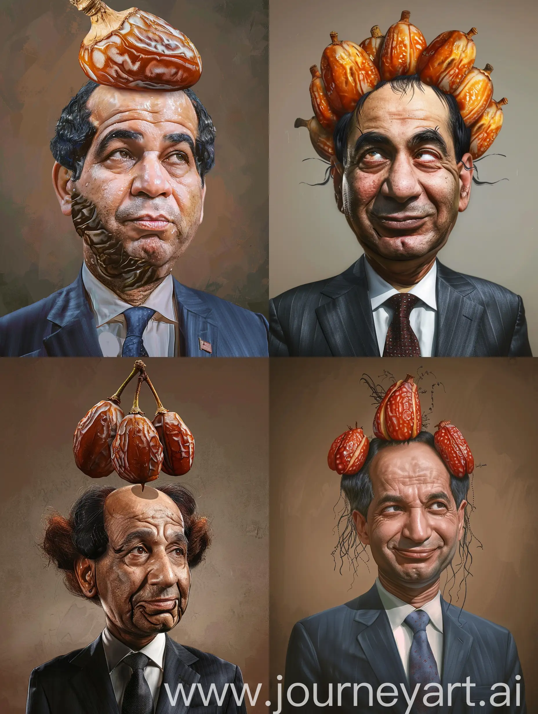 Construct an image of abdel fattah el sisi of having his head as the dates fruit and having his hair style is the same

