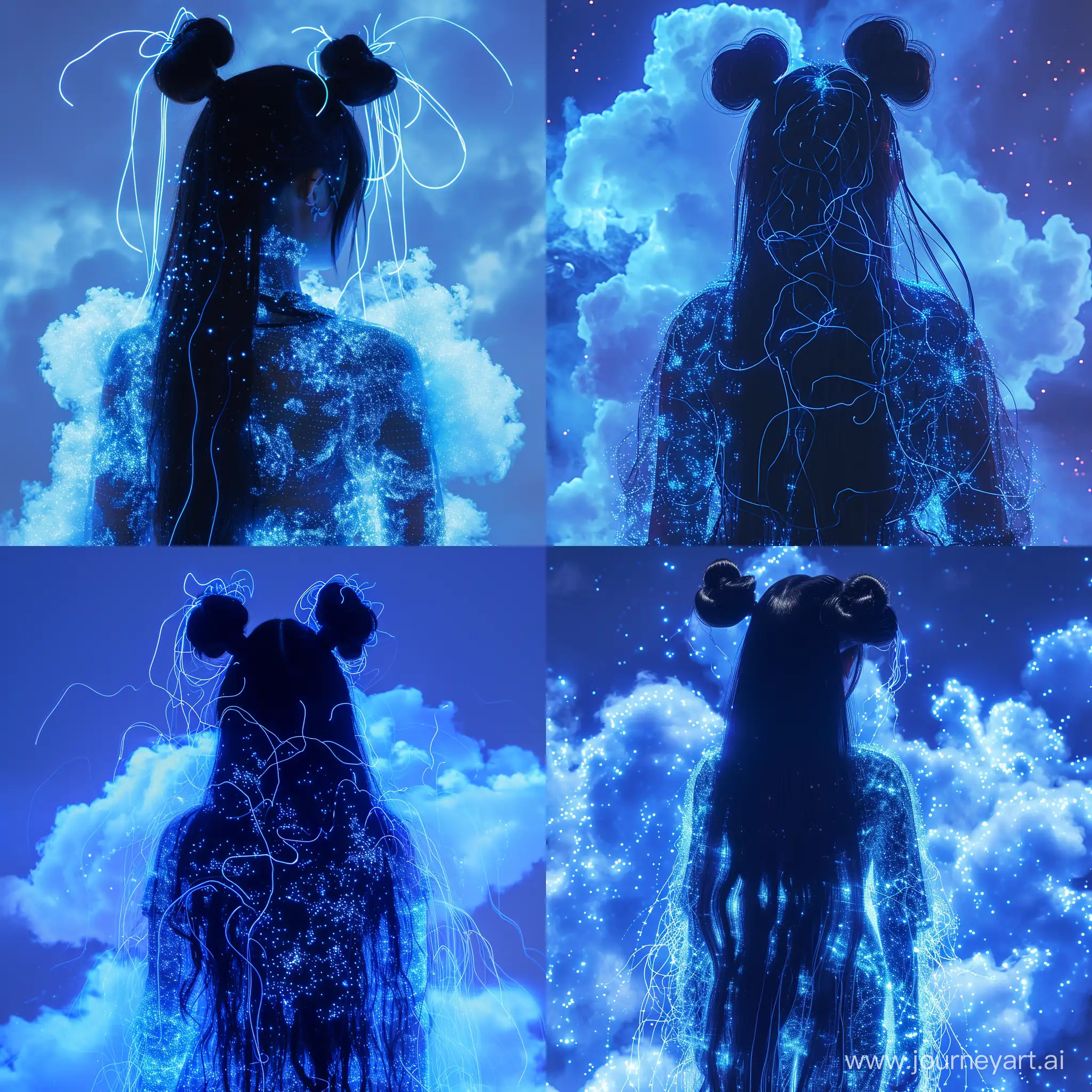 ((Ultra Long Exposure Photography)) cyberpunk woman with long black hair in space buns. She is the goddess of horticulture. She’s covered in millions of microscopic ultra bright Blue neon strings emanating from her body. beautiful backlit silhouette, high detailed, covered in neon clouds. Blue color palette.