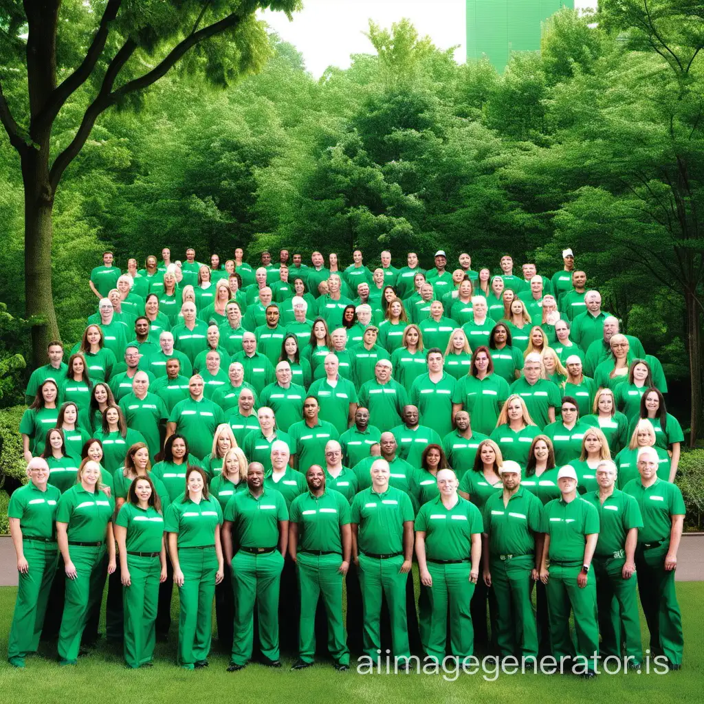 A giant polymer company, around trees, with its employees in front posing for the annual company photo. The uniform is green and white, the logo is green and black. The company is called UNIPAC