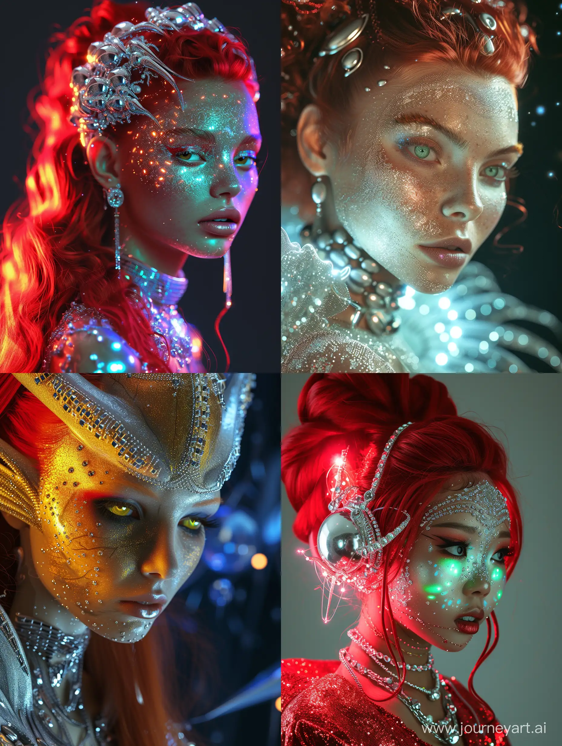 Realistic photo, alien girl, big silver jewels, red hair, glow skin
