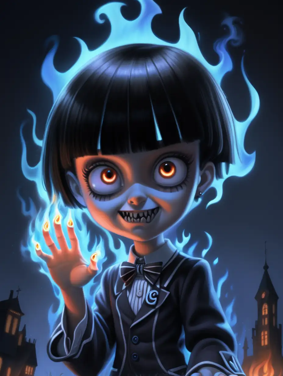shes a kid with short bowl hair cut and bangs with creepy eyes, rough looking, and still a little bit hunch backy like gomez addams, one arm is shriveled and gnarled with demonic runes and a ghostly dark energy ghost flame, her ghost arm is totally transparent with a glimmering outline of black and blue flame, she has on hand outstretched and it is made of vapor and gas getting blown in the wind