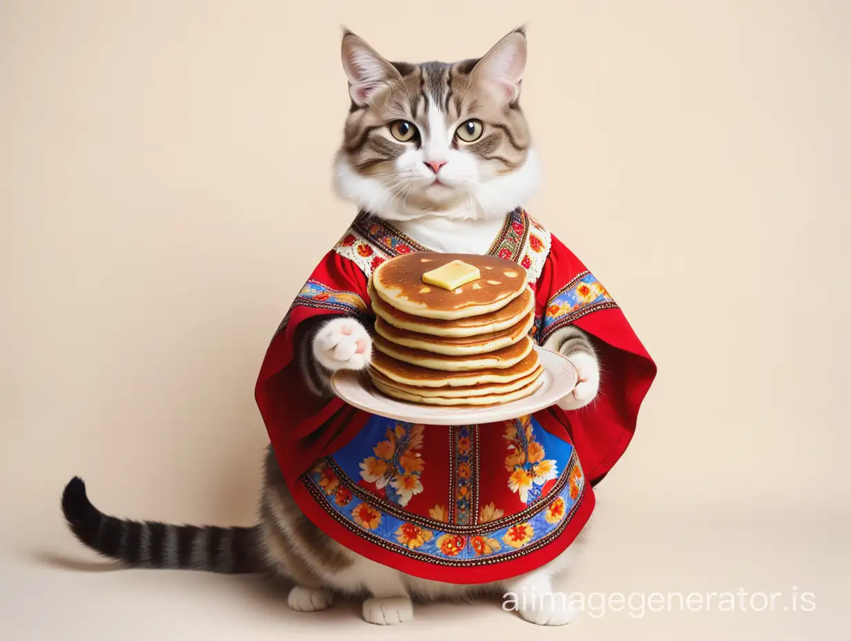 cat in a Russian caftan holding pancakes in its paws