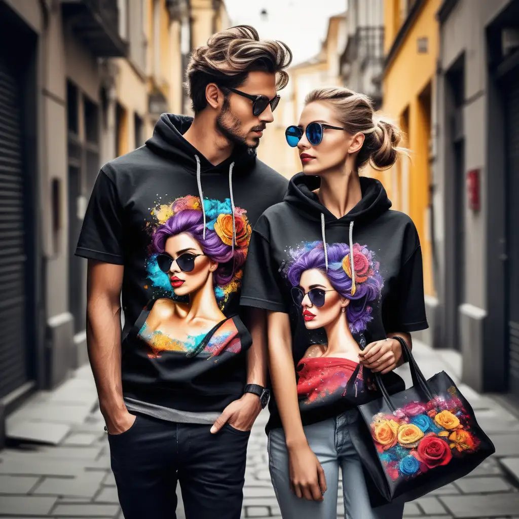 A fashion-forward couple, exuding love and style, effortlessly steal the spotlight in this captivating image. They are adorned in creatively designed T-shirts and Hoodies, perfectly complemented by their stylish shoulder bags. Whether it be a beautifully detailed painting or a striking photograph, this image captures their vibrant personalities and impeccable fashion sense. Every intricate detail is highlighted, from the couple's trendy hairstyles down to the carefully chosen accessories. Expertly crafted, this high-quality image vividly showcases the couple's fashion statement and will undoubtedly captivate viewers with its remarkable beauty.