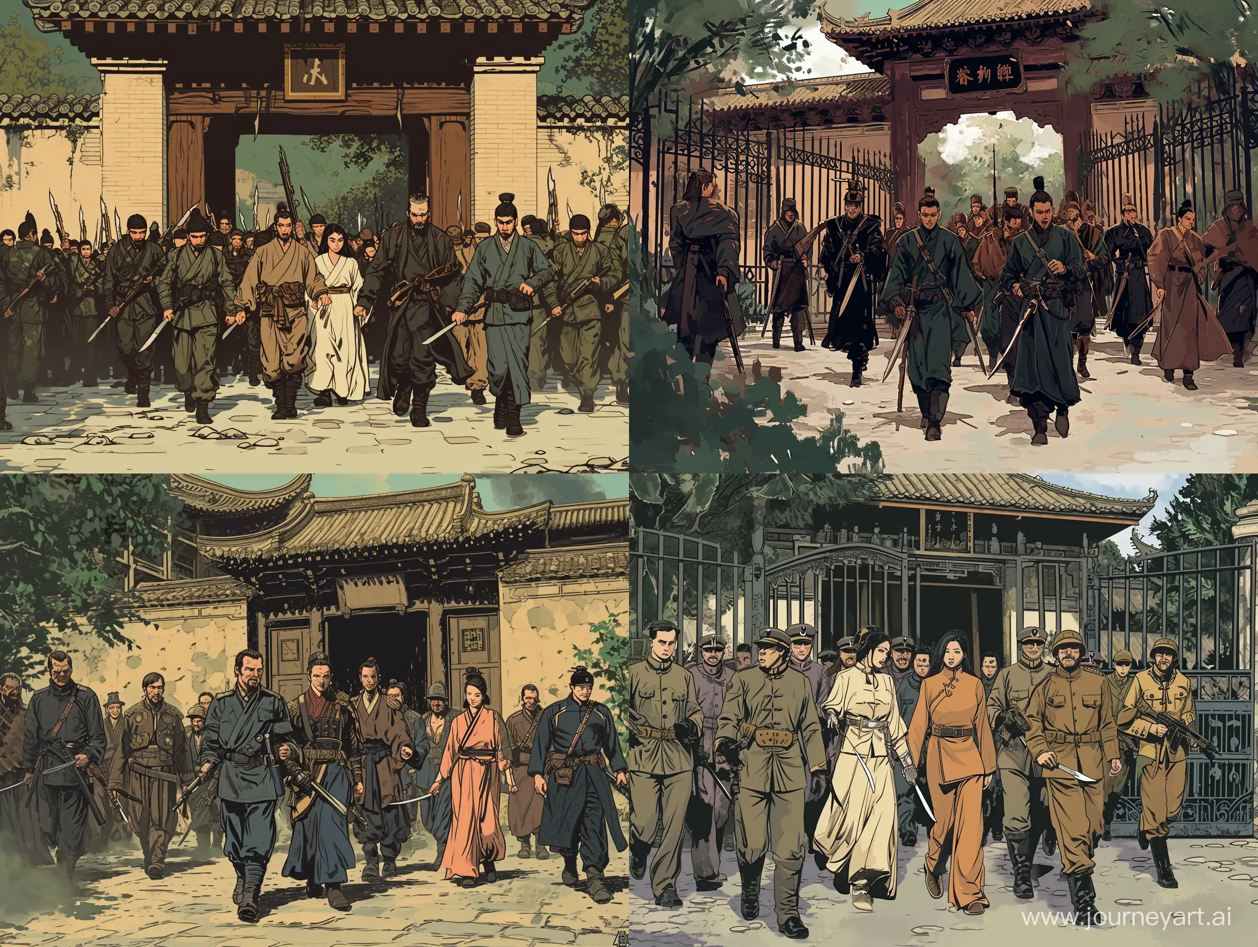 Antique-Oriental-Soldiers-Escorting-Men-and-Women-from-Mansion