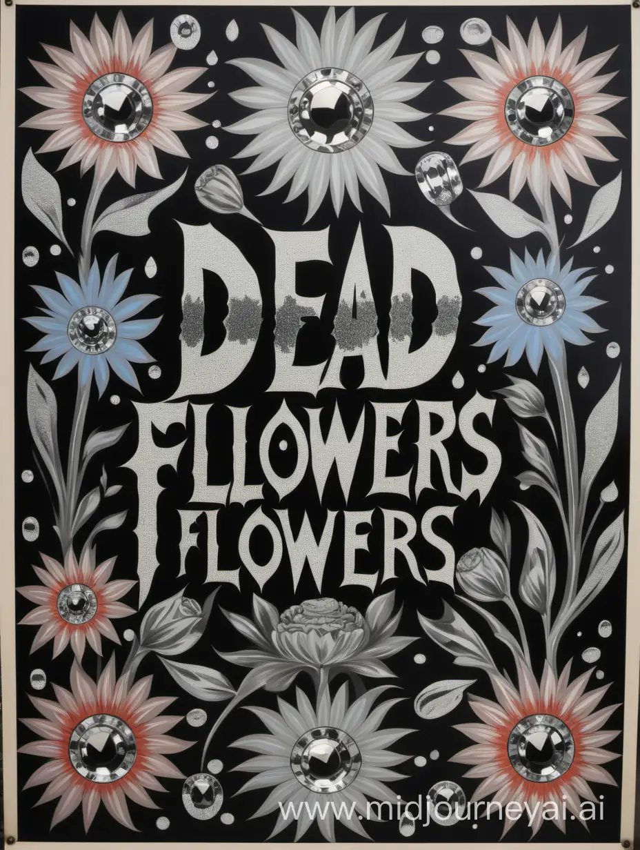 hand painted protest poster, " DEAD FLOWERS", mirrored crystal design, 1960 mod styling 