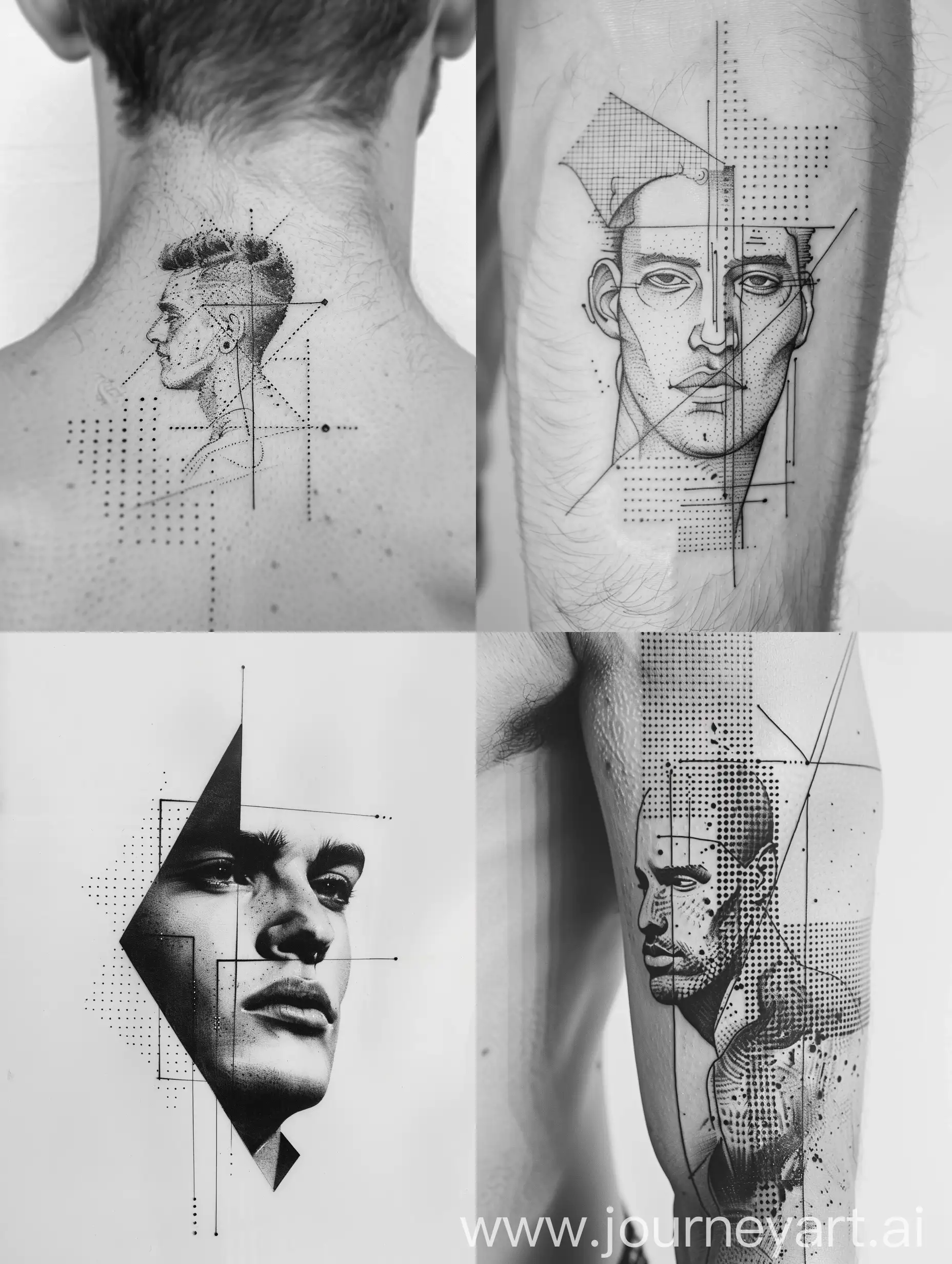 Minimalist-Black-and-White-Tattoo-Design-of-a-Man-with-Geometric-Shapes