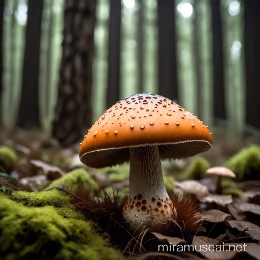 un bosque, con un misterioso hongo, de color café anaranjado, soltando esporas
