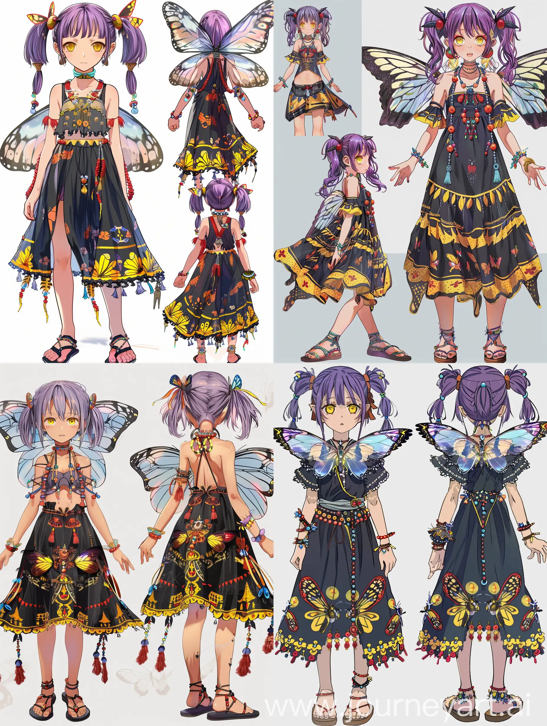 girl, multiple views, anime, standing at full height, with purple hair in pigtails, yellow eyes, translucent butterfly wings, black gypsy dress with yellow patterns, red and blue beads on her neck and arms, sandals.