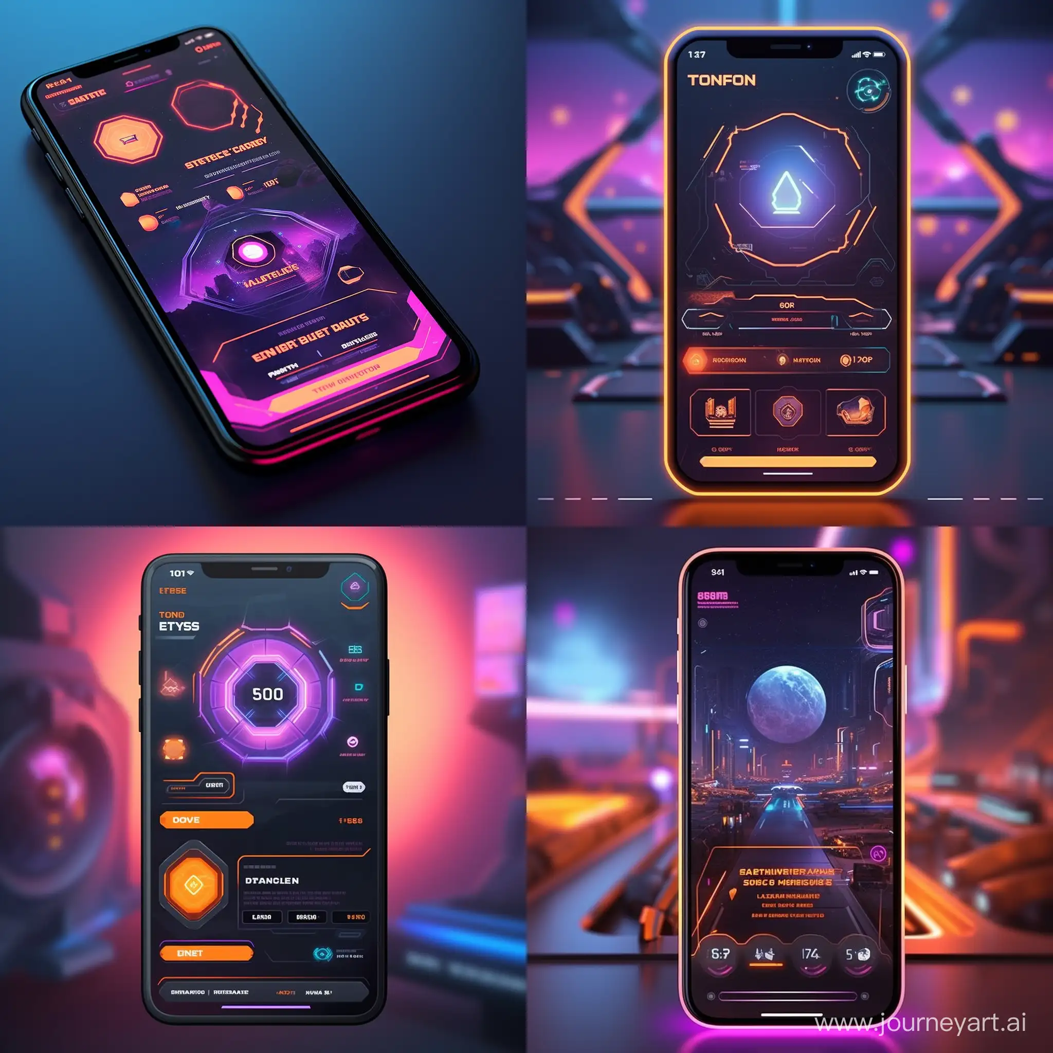 为手机游戏创建一个未来科幻主题的主菜单屏幕，展示明亮的霓虹色、锋利的边缘和宽敞的界面。游戏的 UI 和 UX 设计。