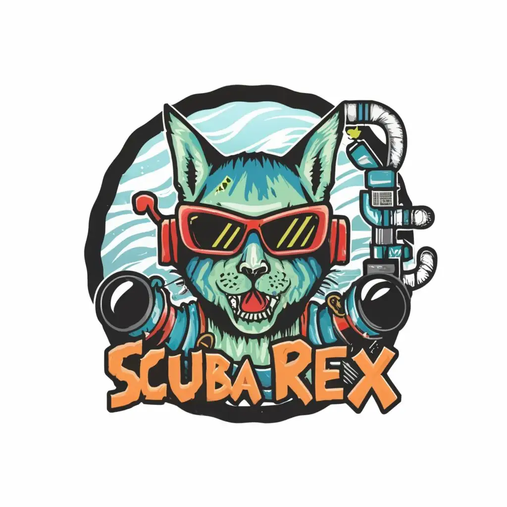 logo, original concept design logo, vector t-shirt design white background zombie cat scuba diver, full color image fill ,  Ultra detailed image, ultra fine sharp narrow 3 mm black outlined , no copyright, no watermark ,with the text "Scuba Rex" typography, with the text ".", typography