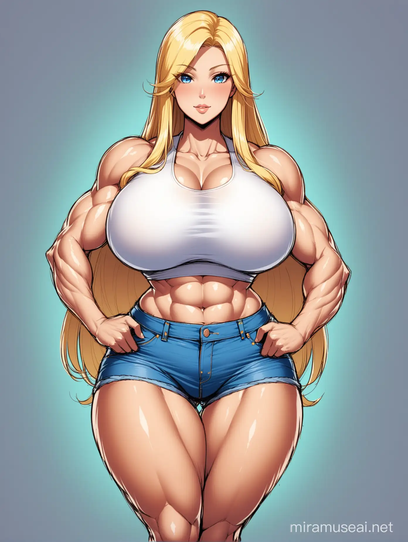 Full color drawing of a blond woman with a beautiful, delicate face, huge chest, extremely large chest, enormous chest, colossal chest, very thin waist, extremely thin waist, wide hips, strong legs, huge legs, very wide and muscular legs, making a sexy pose, showing off her beautiful body, wearing casual clothing, including a top and jean shorts. Emphasize her immense chest, her massive chest