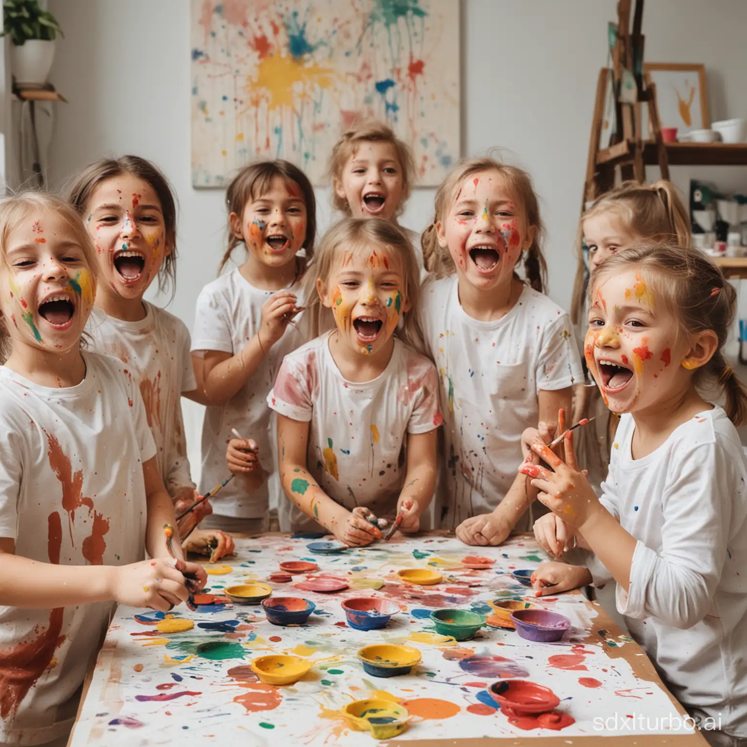 A picture for an art workshop for children. The picture should show a group of children who are smeared with paint and having fun.