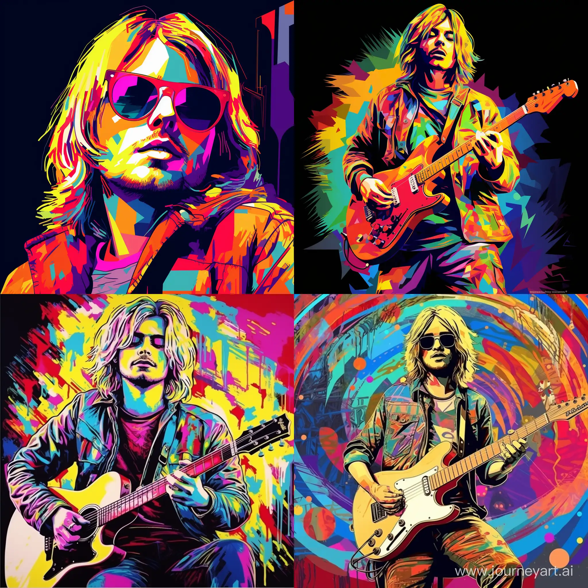 Kurt Cobain in, on the background of music symbols, in the style of pop art, caricature, bright colors