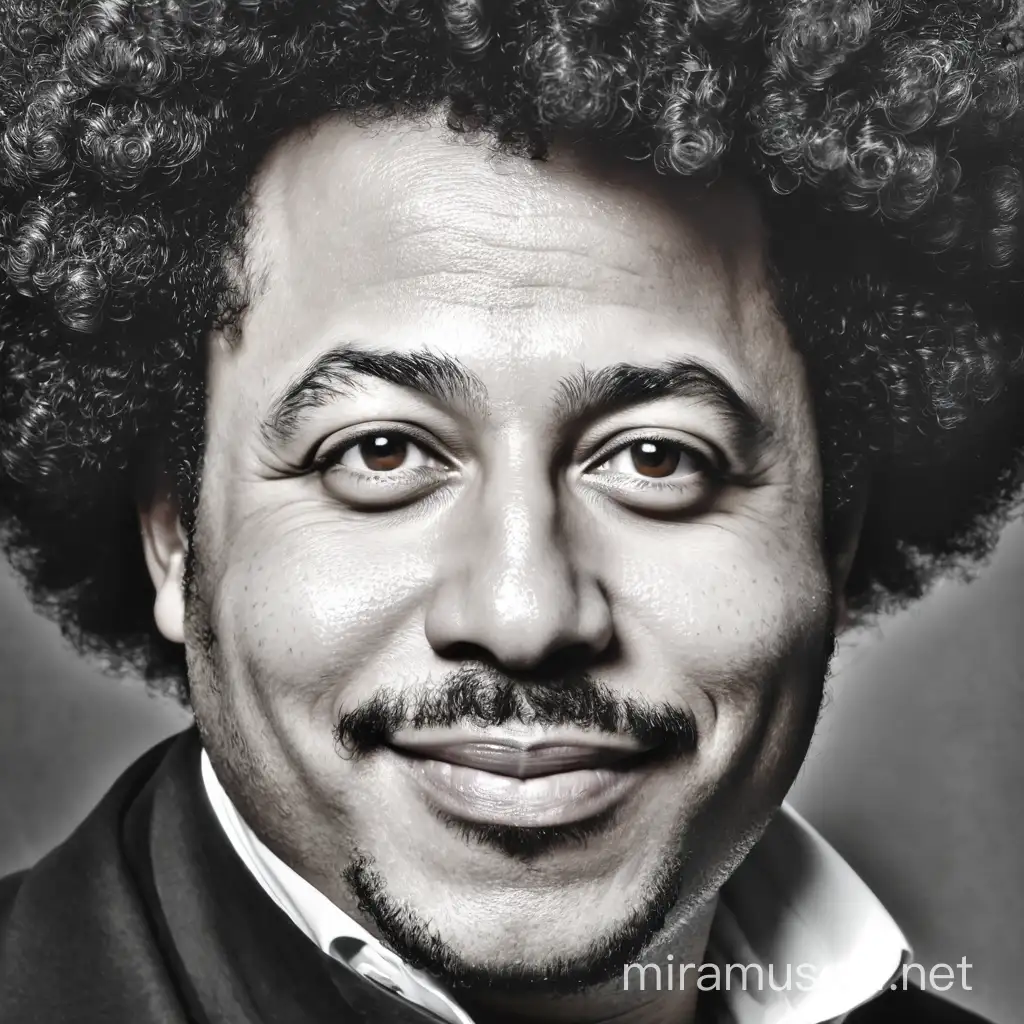 Portrait of the writer Alexandre Dumas. A mulatto man, with thick curly afro hair in a sphere shape. Large expressive facial features, plump lips, medium nose, bulging eyes, arched eyebrows, bulging cheeks. He smiles. We see him full-length, with arms and legs. In the style of realism 3d animation.