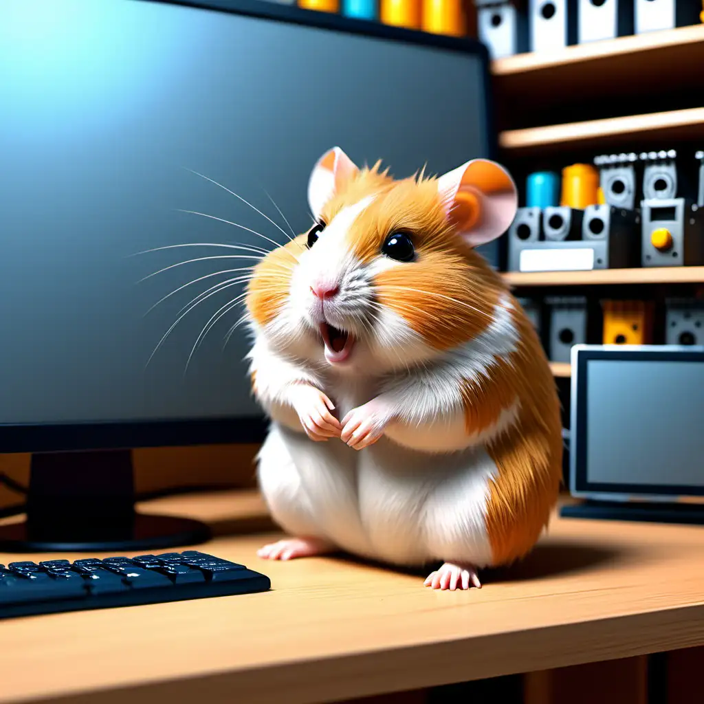 Cartoon style hamster sitting in front of a compuer. Setting hardware store