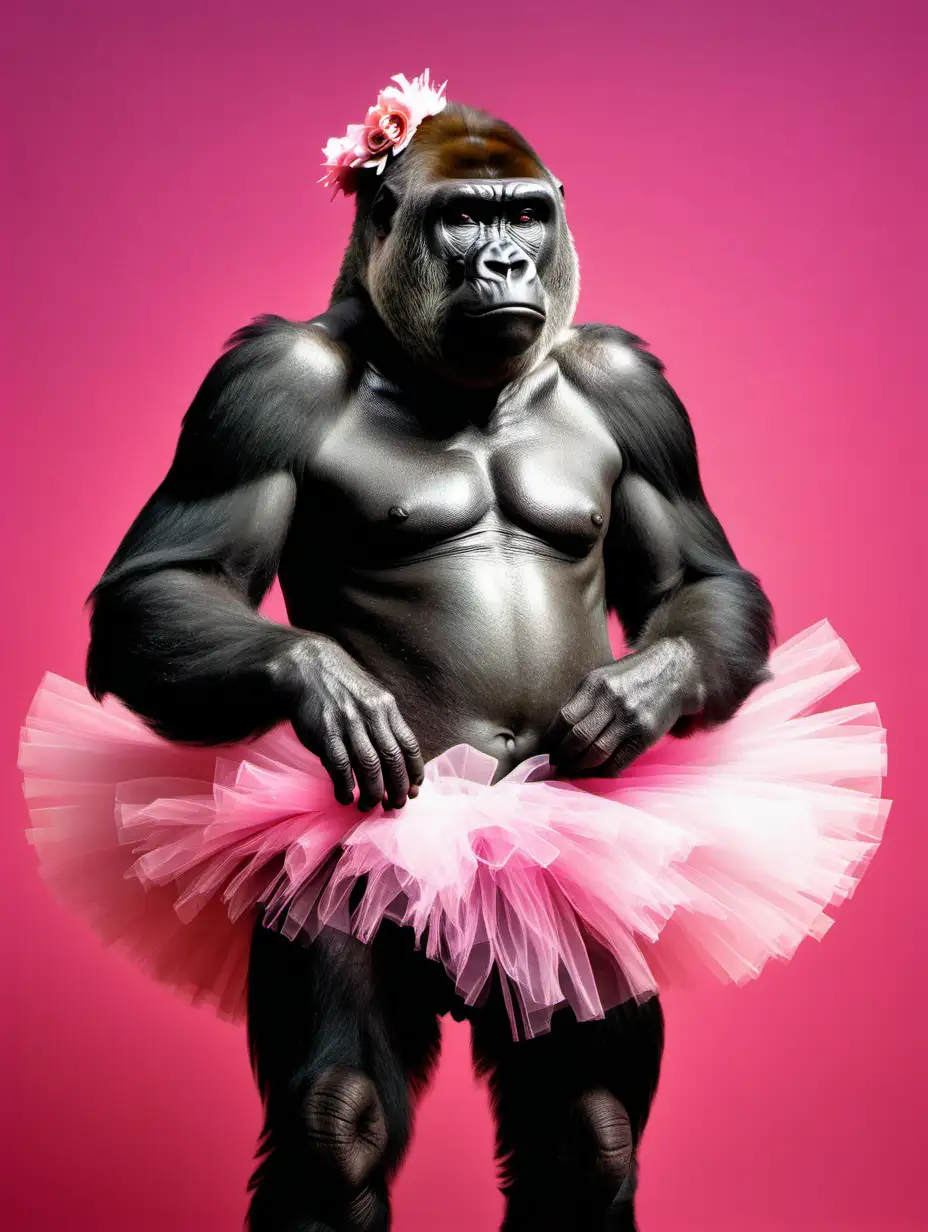 poster of a photograph of a gorilla wearing a pink tutu, bold coloured background