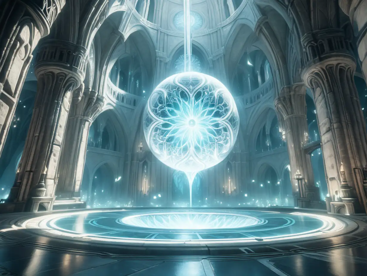 Dreaming city, beautiful, center of the castle, ball of white energy, glowing, floating, in a vault, small orb