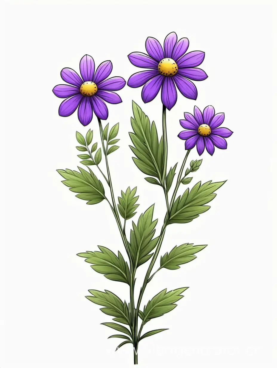 purple BIG wildflower 3 plants lines art, simple, herb, Unique floral, botanical ,grow in cluster, 4K, high quality, white background,