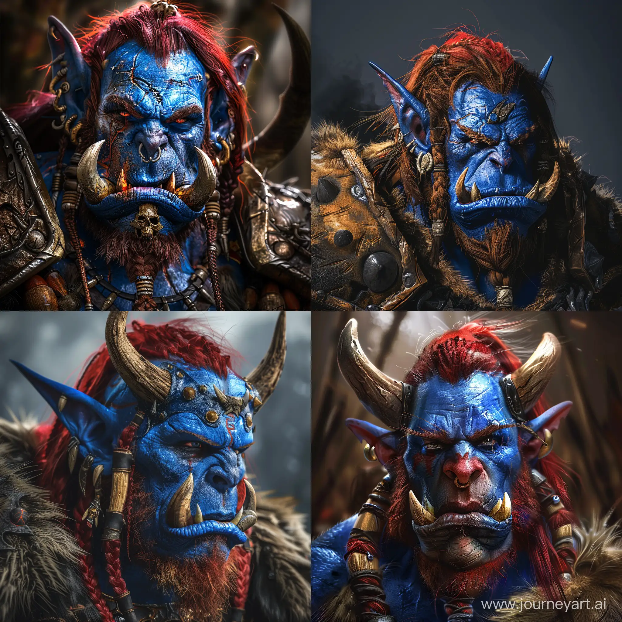 world of warcraft Vol'jin character, art, blue skin, red hair. high-detalized, tusks, portrait photo. The image should be shot in ultra-high resolution, aperture setting to blur the background and isolate the subject. use distinctive lighting on the subjects shot. The image should be shot in ultra-high resolution. --v 6