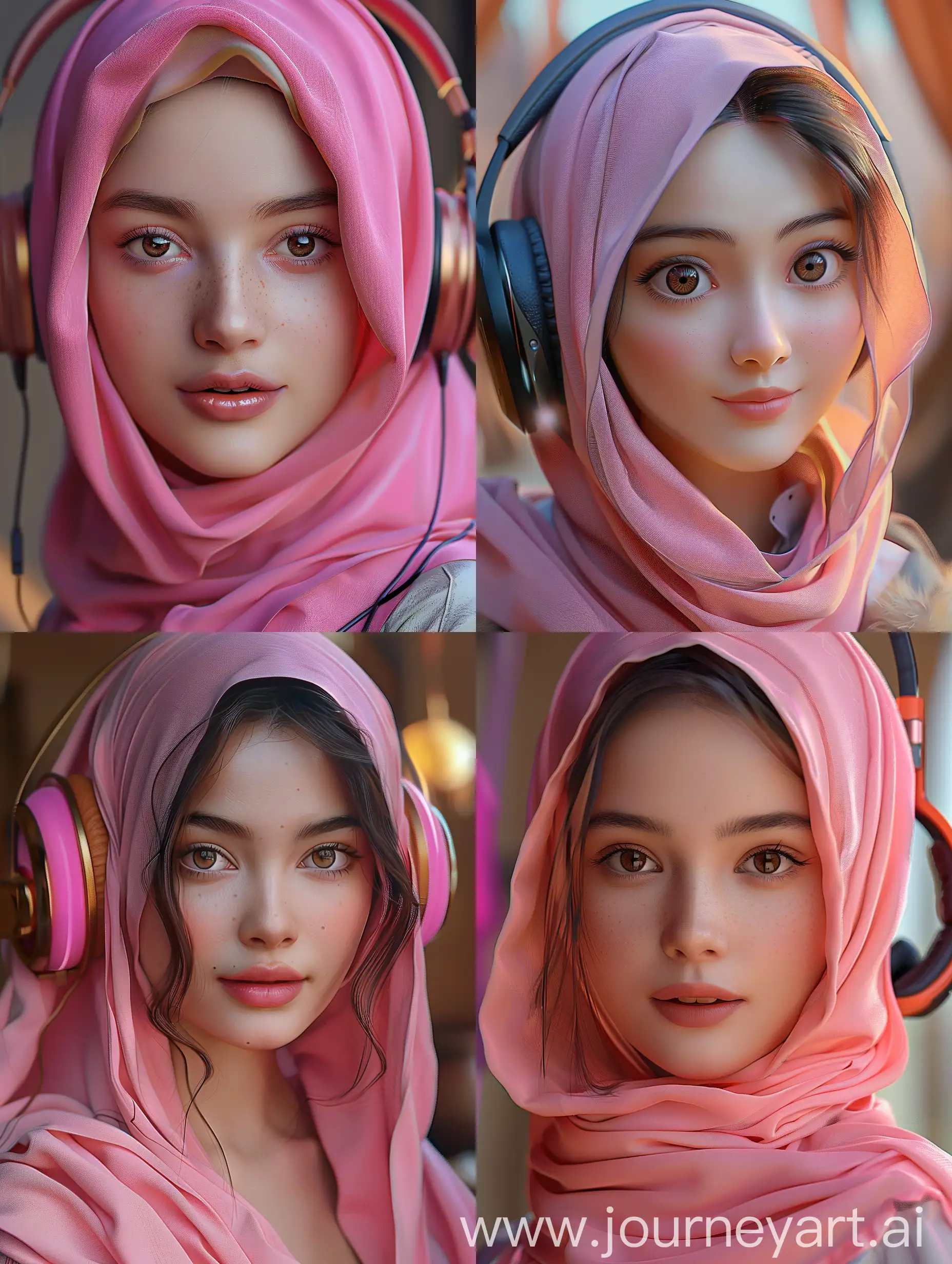 [ https://i.imgur.com/ySVpTGU.jpeg ] Make an image that is exactly the same as this example. Please render in typical Disney pixar style, wear pink hijab, smiling into camera, sharp focus and detailed, 8k, hyper realistic, natural lighting, minimalist background. --s 750
