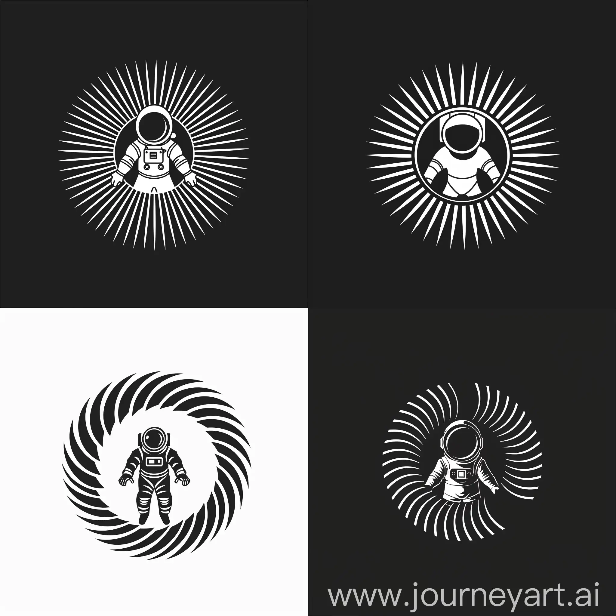 Generate a minimalist black and white logo design featuring a stylized astronaut figure within a circle formed by fan blades. Focus on simplicity and clean lines to convey a modern aesthetic. Ensure the contrast between the astronaut and background for clarity.