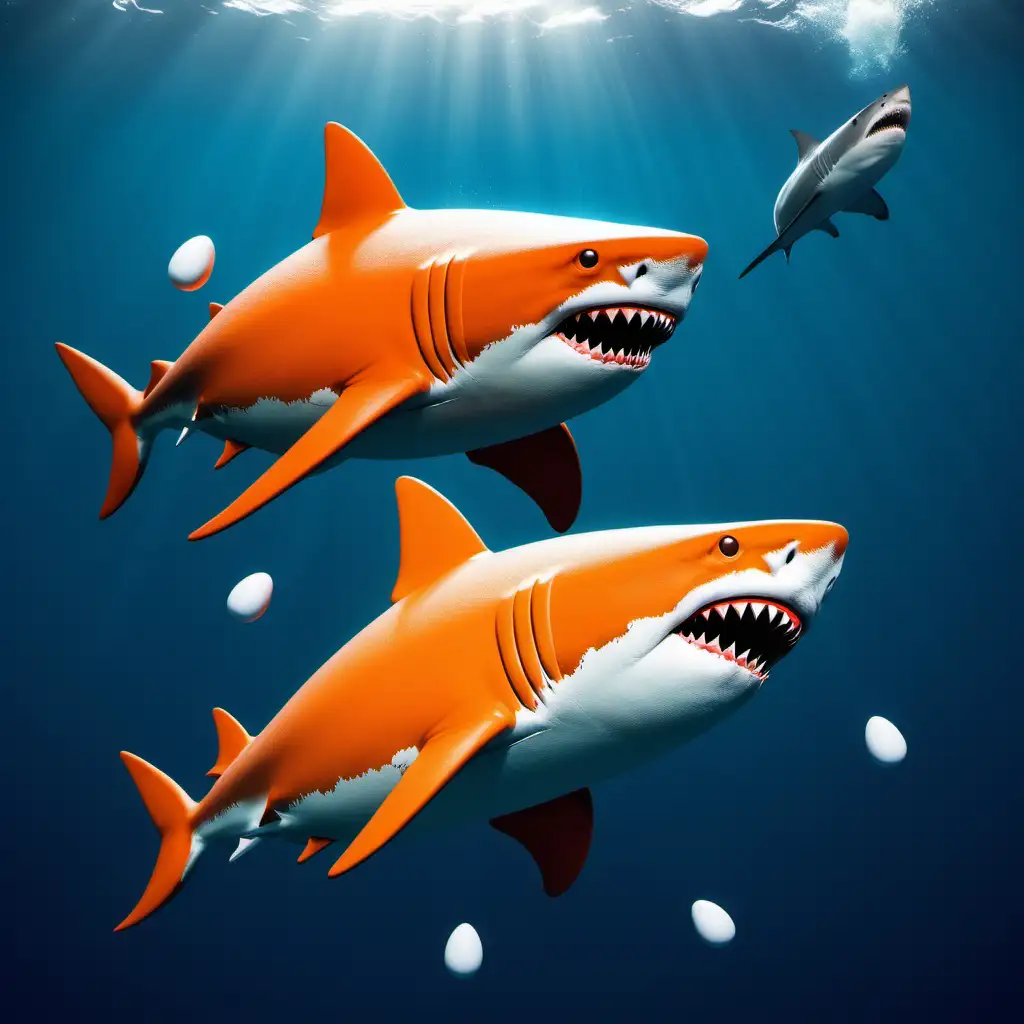 two egg-shape  color blobs, swimming away from a shark, blobs have small arms and legs, each wearing orange color sweaters, both with orange and white caps