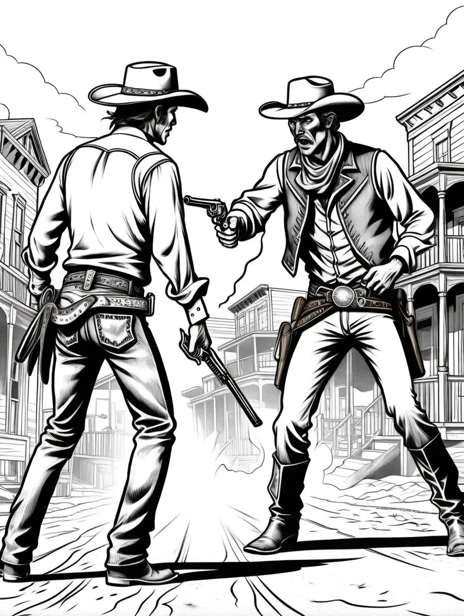 Coloring book page, Illustrate a tense moment between two cowboys engaged in a duel on a dusty street in an Old West town