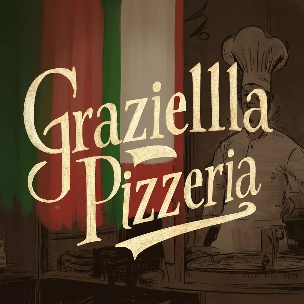 Handwriting Graziella Pizzeria logo, readable text, Italy colors, Cozy atmosphere, elegant old font style, Cozy atmosphere, Chef's Hat sketch,  Faded light, Spiritual atmosphere 