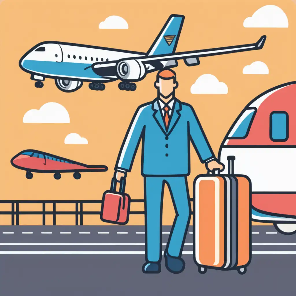 Colored icon: Secure traveling man near of airplane and train