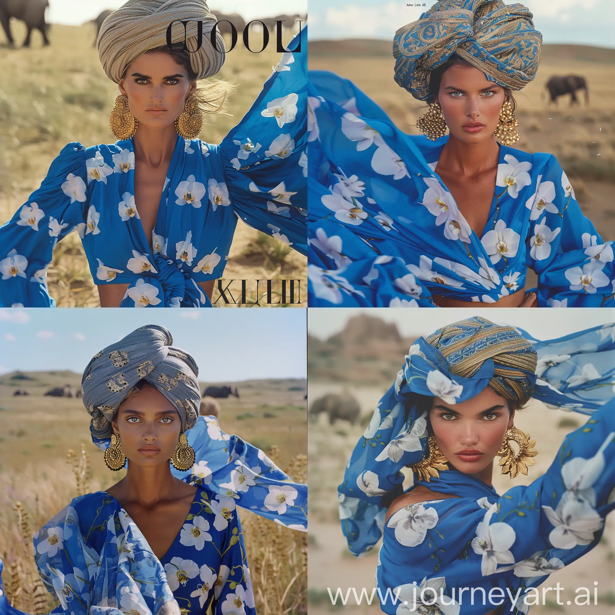 Elegant-Indian-Model-in-Blue-Dress-with-Orchids-and-Turban-on-Steppe-Background