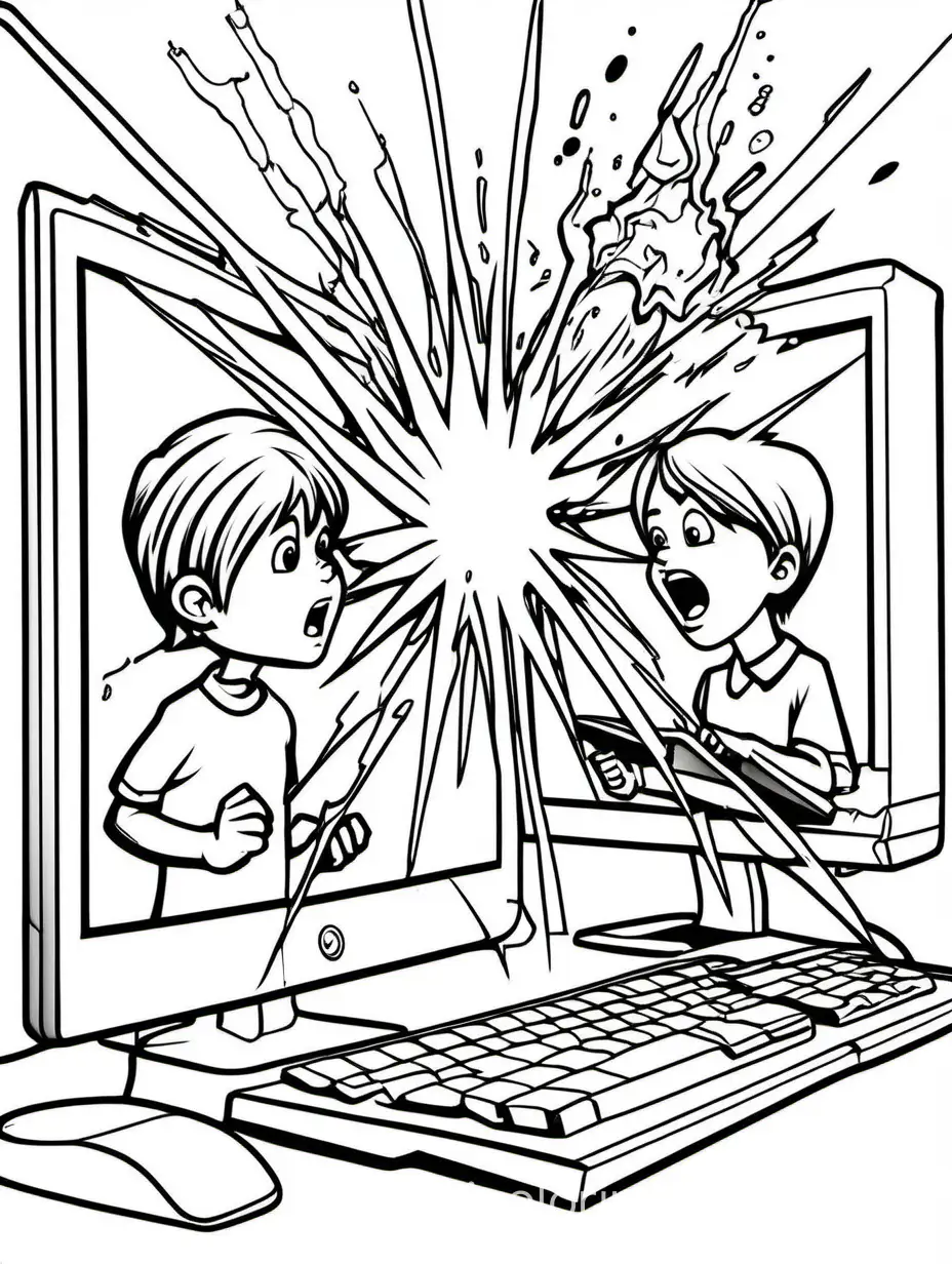Computer exploding in front of boy and girl 

, Coloring Page, black and white, line art, white background, Simplicity, Ample White Space. The background of the coloring page is plain white to make it easy for young children to color within the lines. The outlines of all the subjects are easy to distinguish, making it simple for kids to color without too much difficulty