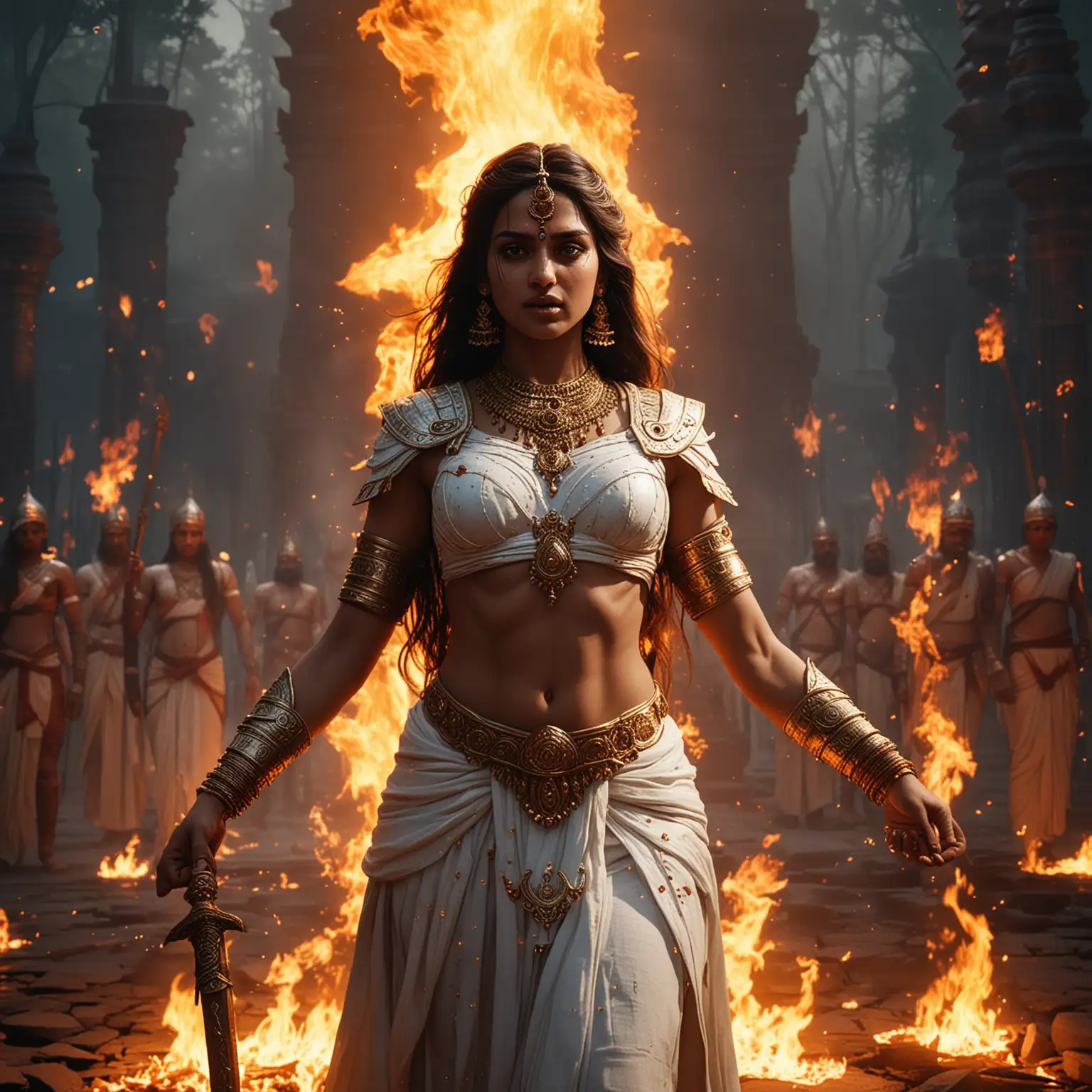 11 /imagine prompt: Realistic, personality: Amba performing severe penances, surrounded by flames and rituals signifying her transformation into Shikhandi, the mystical light engulfing her, symbolizing her rebirth as a fierce warrior in Mahabharata in white costume.unreal engine, hyper real --q 2 --v 5.2 --ar 16:9