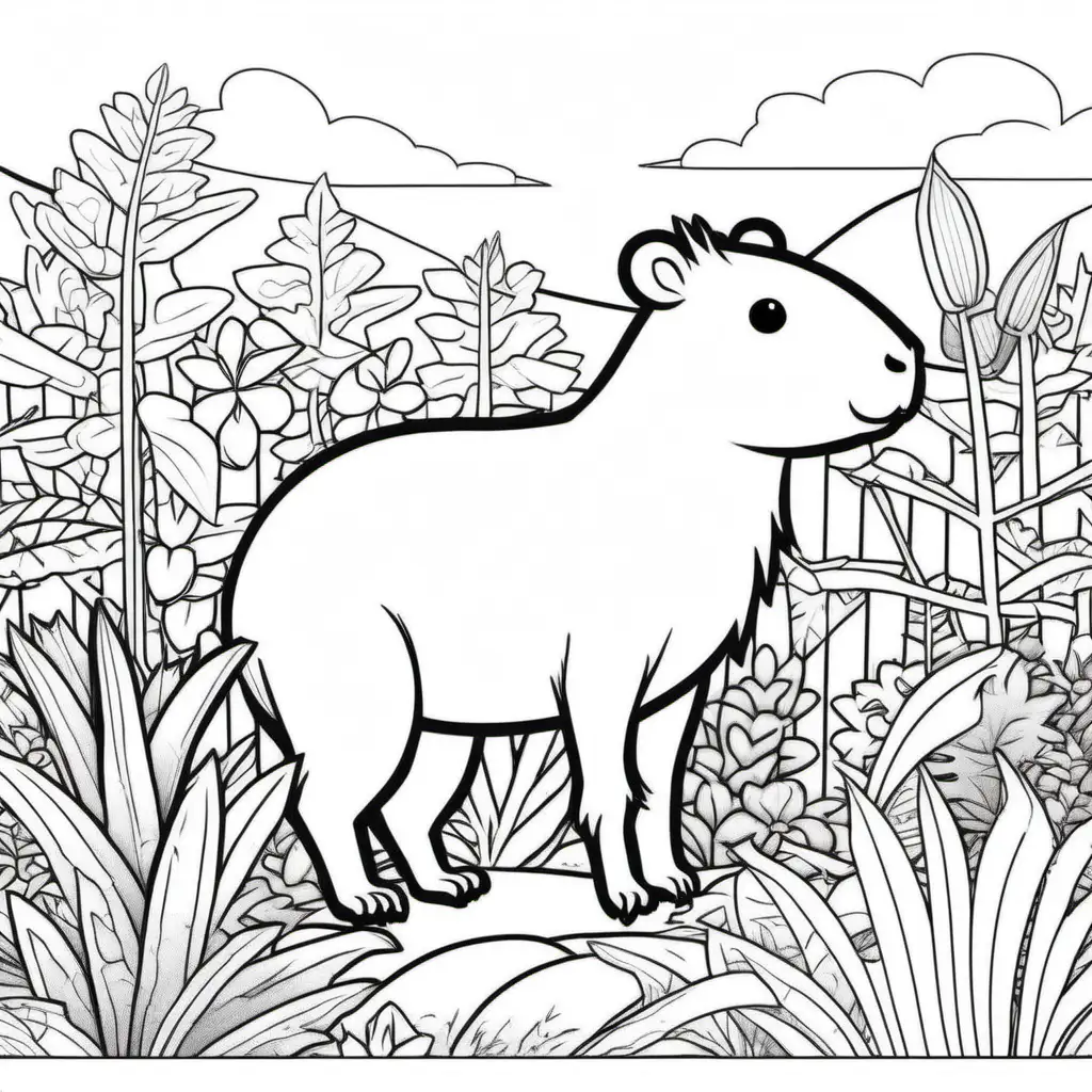 Adorable Kawaii Capybara Coloring Page with Plant Background