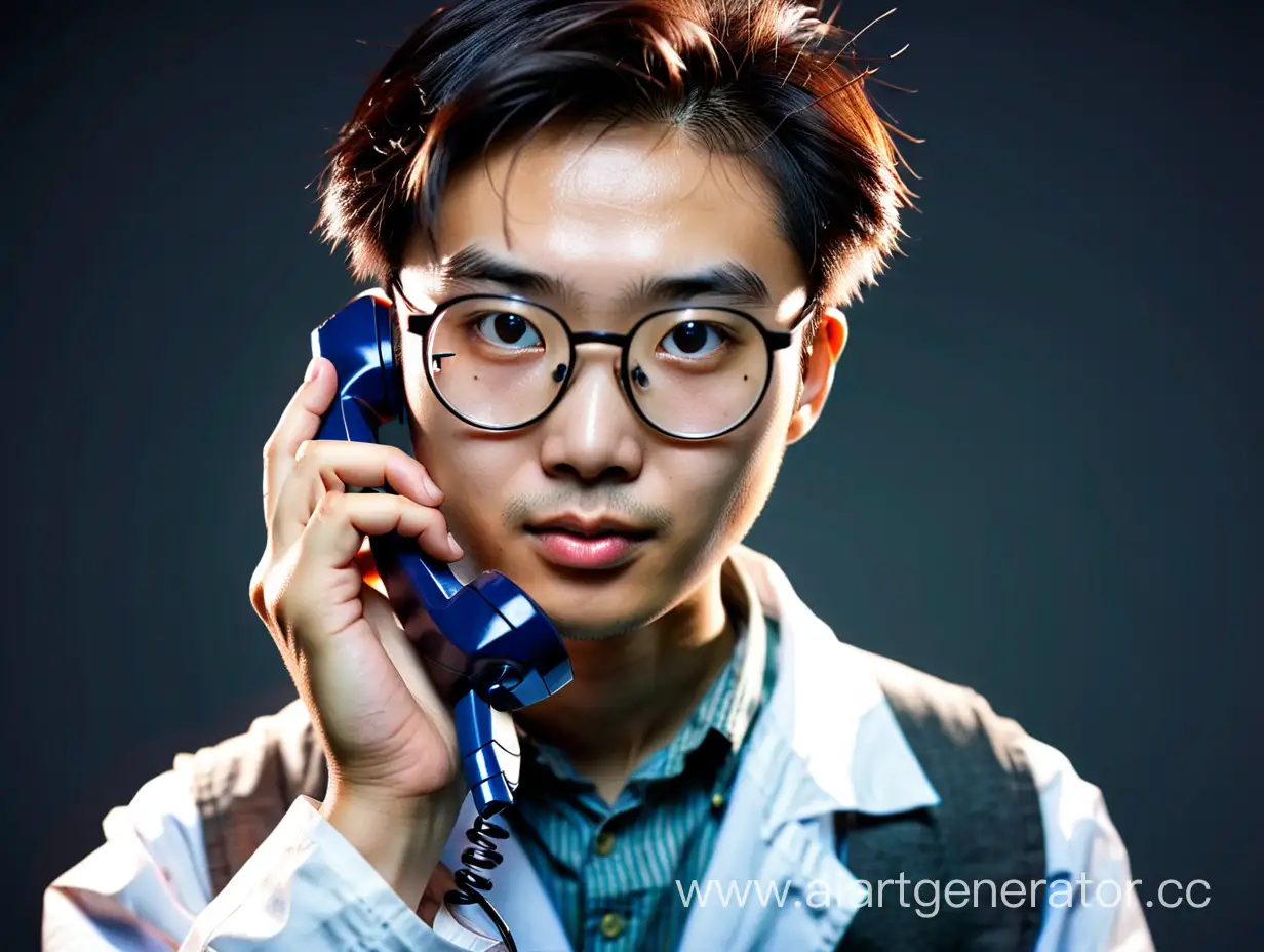 Prompt: A 25-year-old Chinese scientist in glasses is making a phone call, looking directly into the camera.
