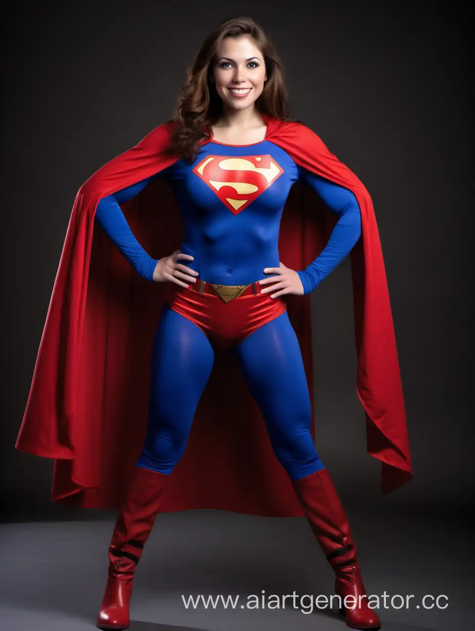 A pretty woman with brown hair, age 28. She is happy and confident. She is very Muscular. She is wearing a Superman costume with blue leggings, long sleeves, red briefs, red boots, and a long flowing cape. She is posed like a superhero, strong and powerful.
Bright photo studio.