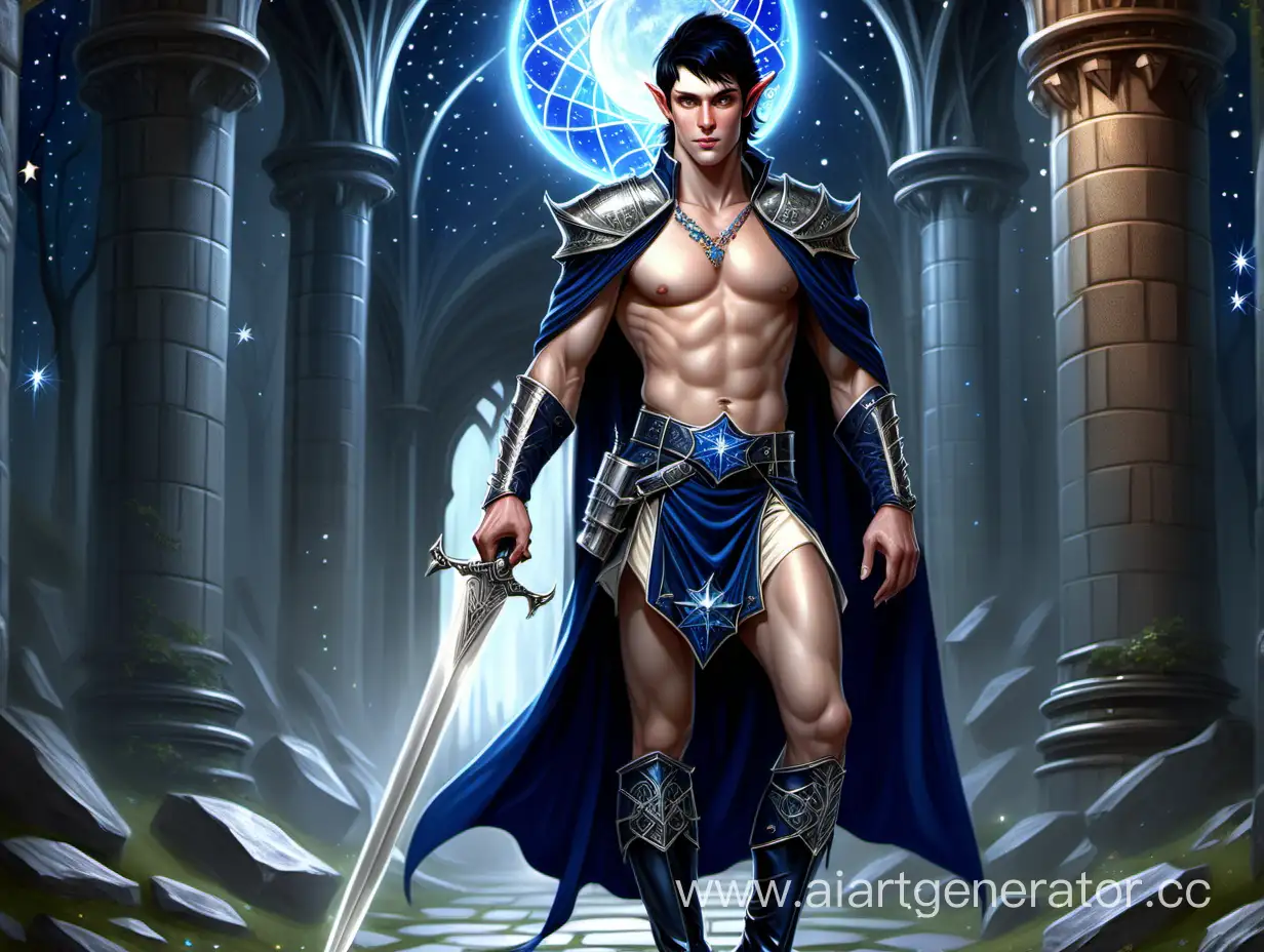 realistic fantasy full length body view of a smirking sexy young lean male elf king with black hair and blue eyes and bare chest and bare arms wearing navy blue silk kilt embroidered with star-like gems, silver pauldrons and silver bracers, and matching thigh-high riding boots, and carrying a silver sword with a sapphire in its pommel and gems in the blade striding through the "grandiose elven Tower of the Stars at midnight