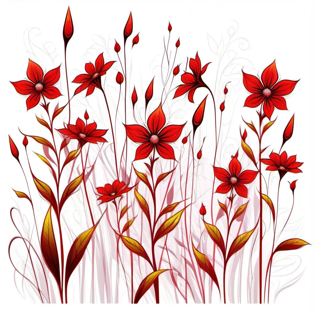 fantasy, vibrant red wildflowers, vector, white 
background 